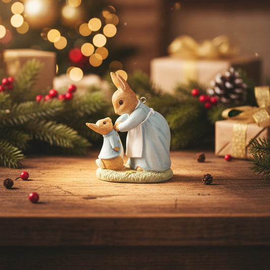 Decorative figurine of a rabbit and duckling on a wooden table with Christmas lights and decorations in the background.