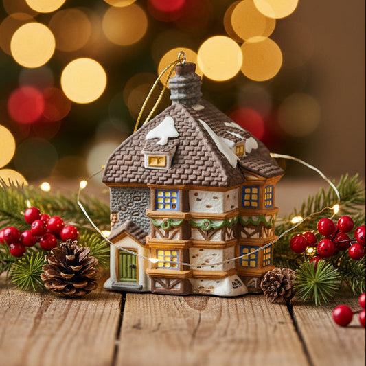 Christmas ornament house on a wooden surface with blurred lights in the background