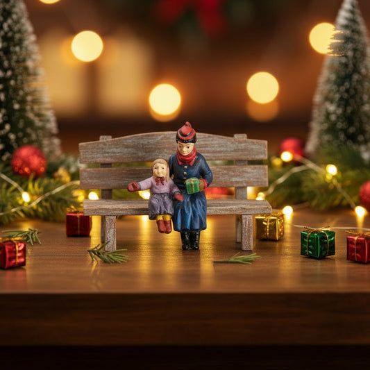 Two toy figures on a bench with Christmas decorations and lights in the background