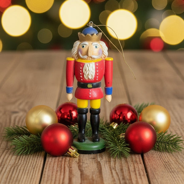 Nutcracker figurine with Christmas ornaments on a wooden surface, blurred festive lights in the background