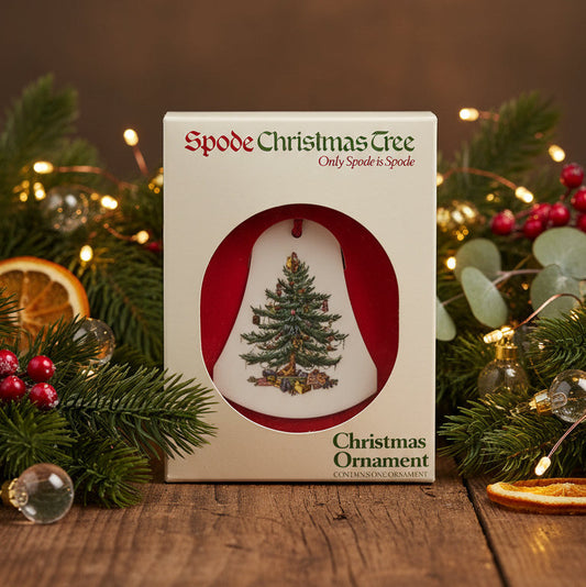 Spode Christmas Tree ornament packaging with festive background