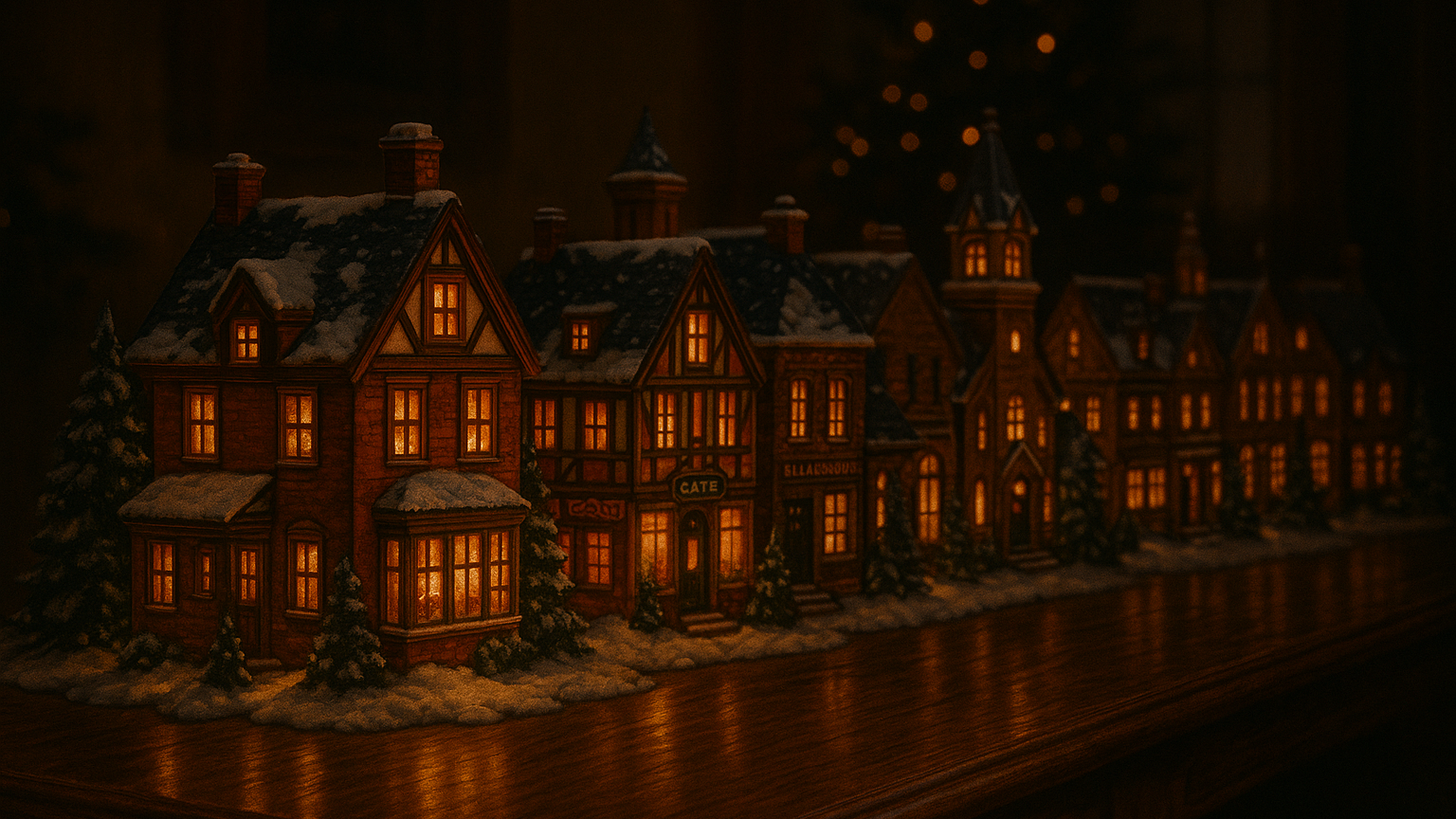 Model of a snowy village with lit houses on a wooden surface