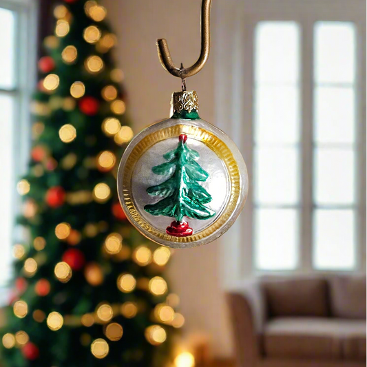 Decorative Christmas tree ornament with a blurred Christmas tree in the background